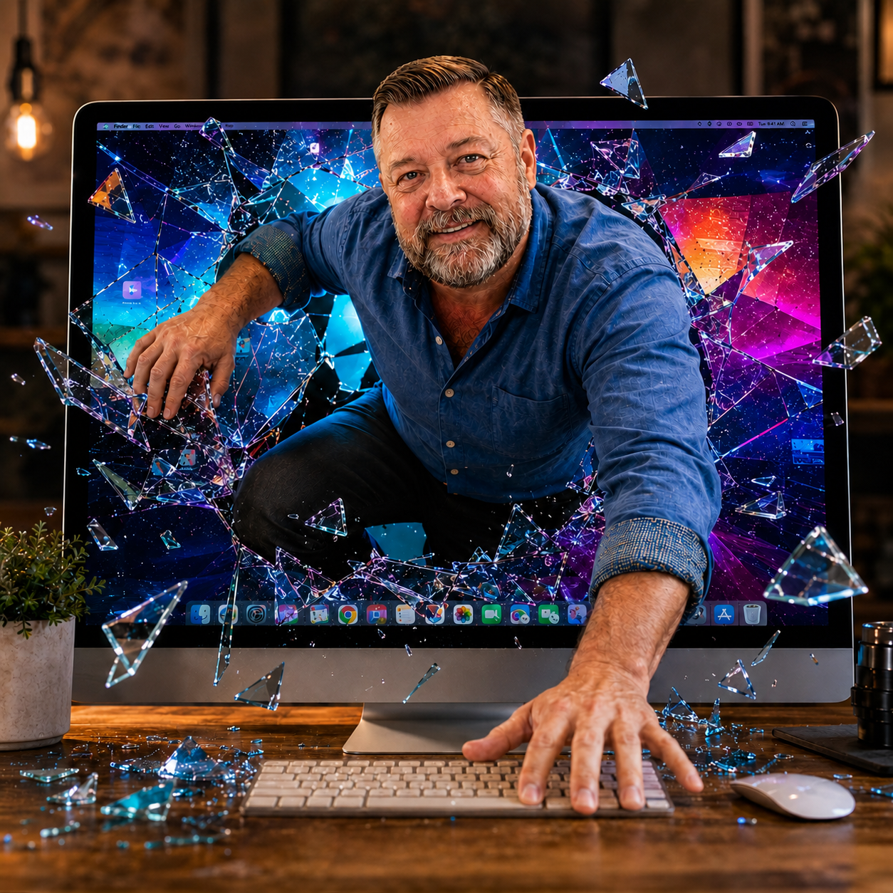 Ron Haidenger emerging through a colourful computer screen